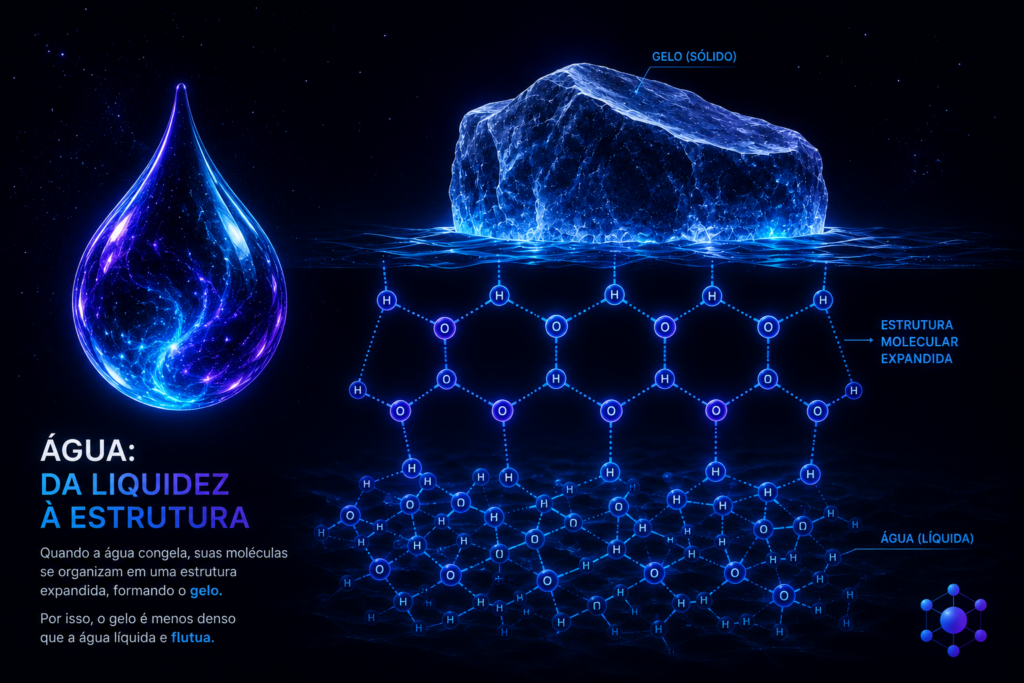 Ilustração mostrando gelo flutuando na água com estrutura molecular expandida