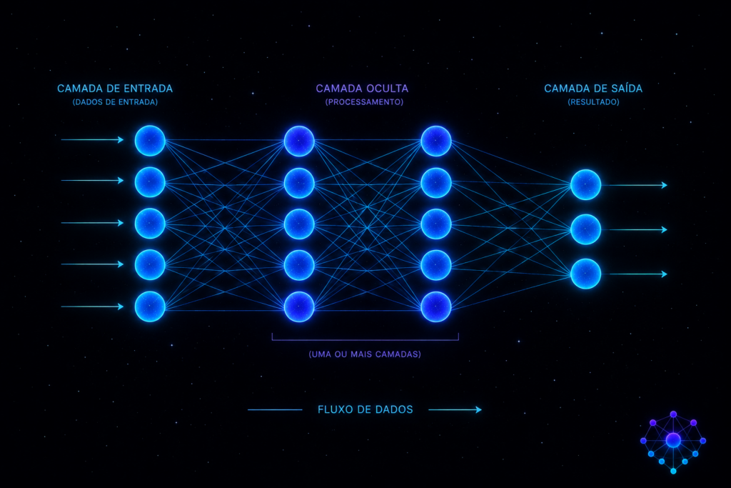 Diagrama das três camadas de uma rede neural mostrando o fluxo de dados entre entrada, camadas ocultas e saída