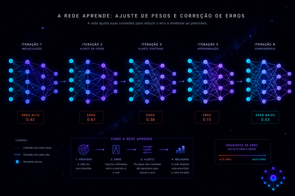 Rede neural ajustando suas conexões ao longo de várias rodadas de treinamento
