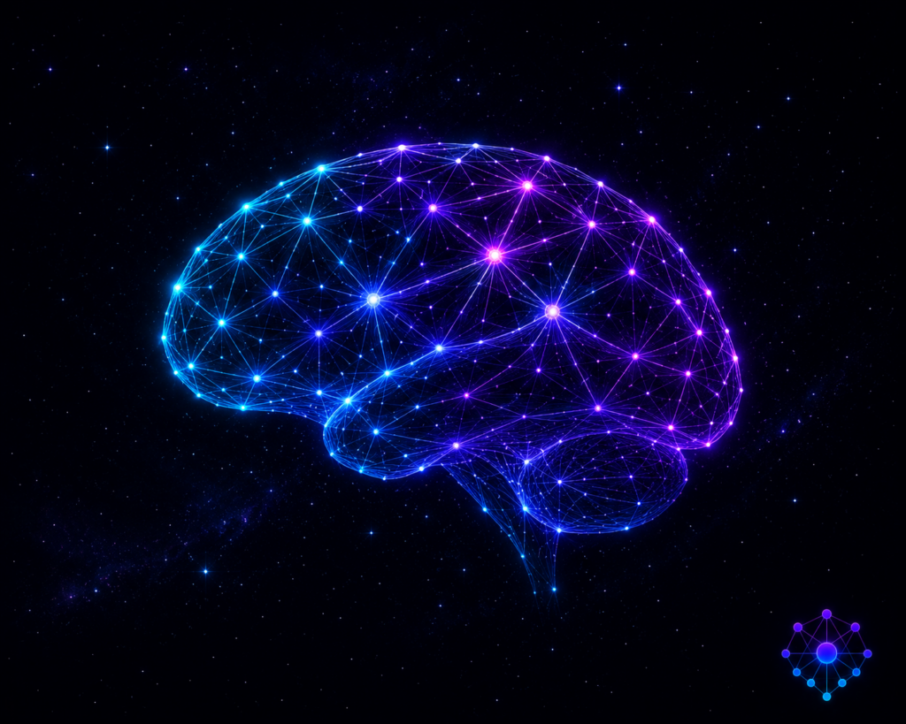 Rede neural artificial estilizada com nós brilhando em ciano e roxo