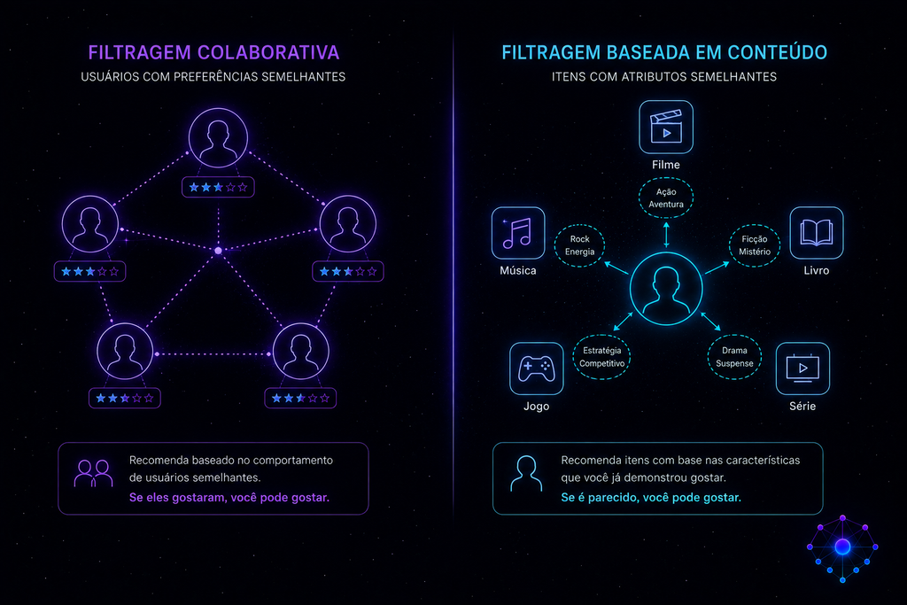 Diagrama comparando filtragem colaborativa e filtragem baseada em conteúdo, as duas técnicas de algoritmo de recomendação