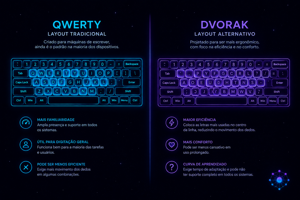 Comparação entre o layout do teclado QWERTY e o layout alternativo Dvorak