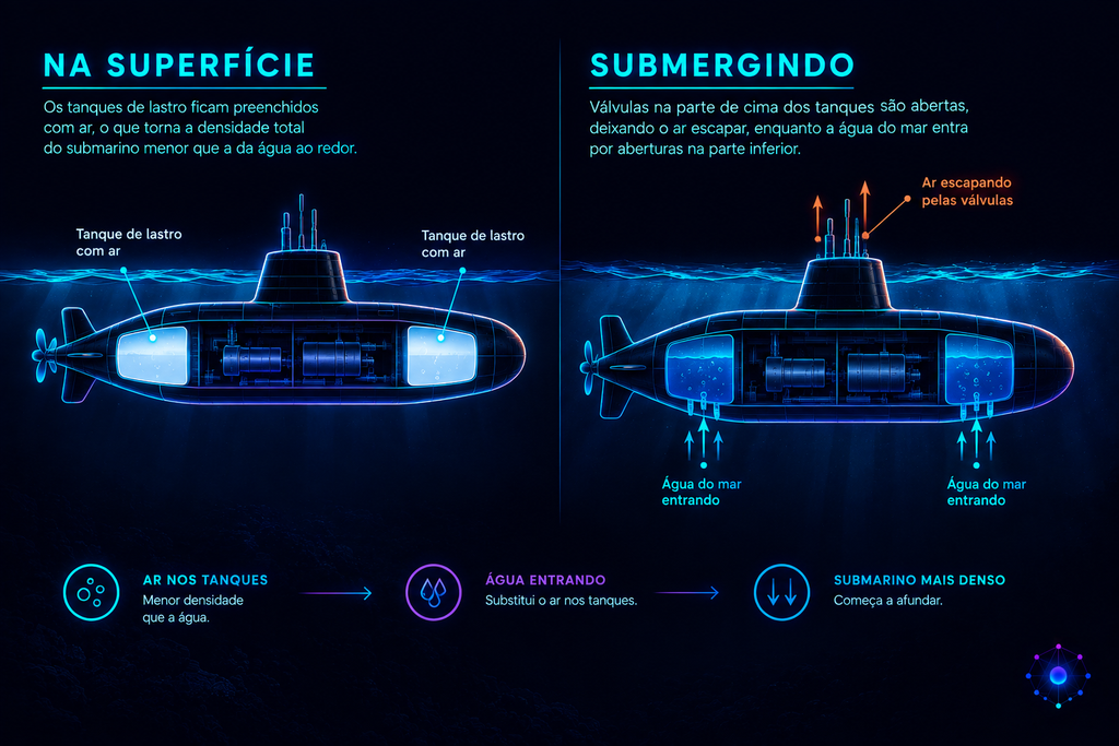 Diagrama comparando os tanques de lastro de um submarino na superfície (preenchidos com ar) e submergindo (preenchidos com água)
