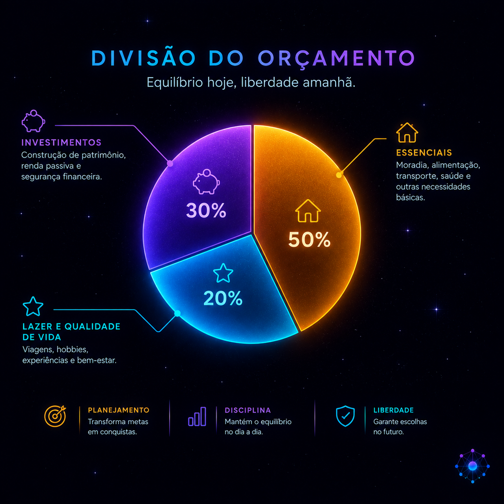 Gráfico ilustrando a divisão do orçamento pessoal segundo a regra 50-30-20