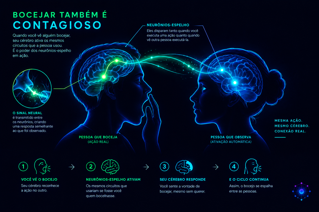 Ilustração de neurônios-espelho conectando duas pessoas, representando por que bocejar é contagioso