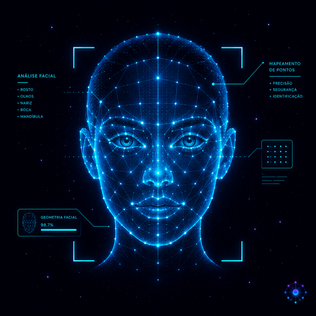 Ilustração de um rosto sendo mapeado por pontos de luz, representando o reconhecimento facial