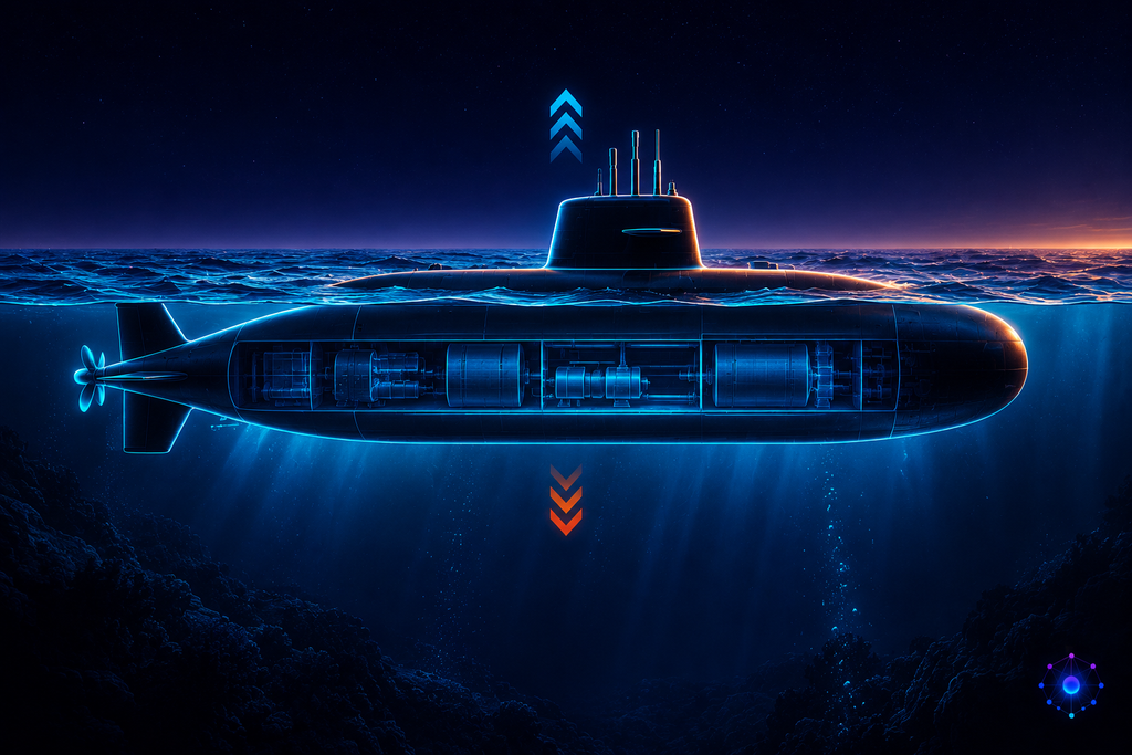 Ilustração de um submarino em corte, mostrando parte na superfície e parte submersa, representando como ele afunda e sobe na água