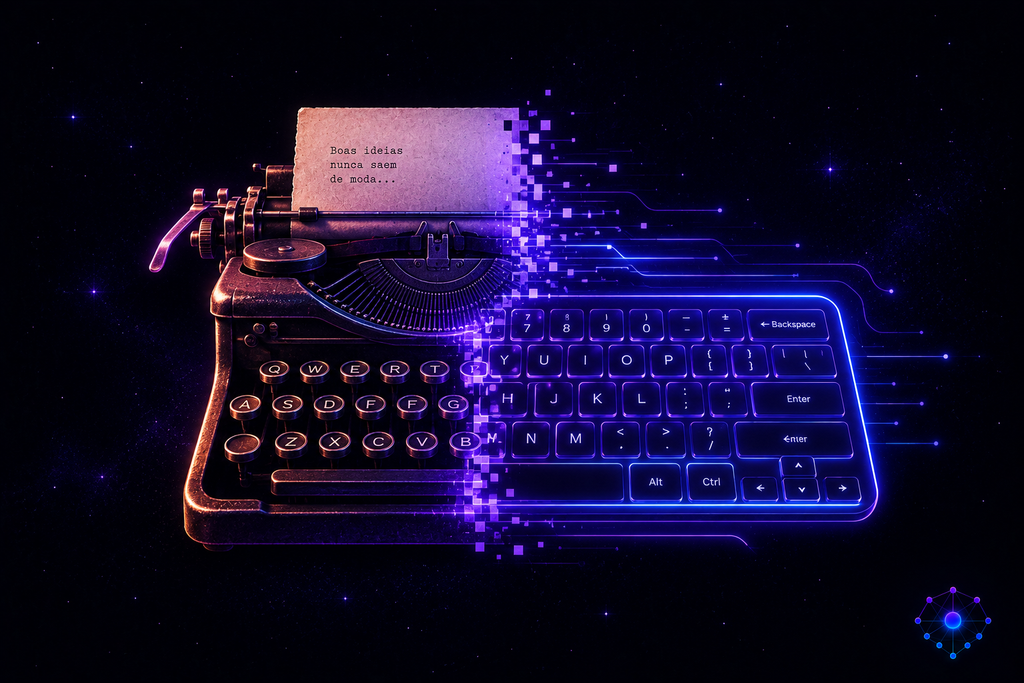 Ilustração de uma máquina de escrever antiga se transformando em um teclado digital moderno, representando a origem do layout QWERTY